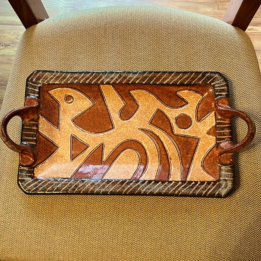 Rare Peder Hegland 13” x 15” handmade stoneware 2 handle tray midsize brown EUC
